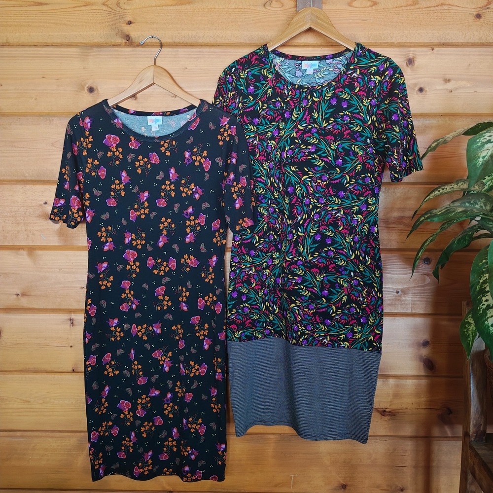 Lot of 2 Lularoe Julia Dresses Print Block Floral Shift Pencil Stretch Both Sz S